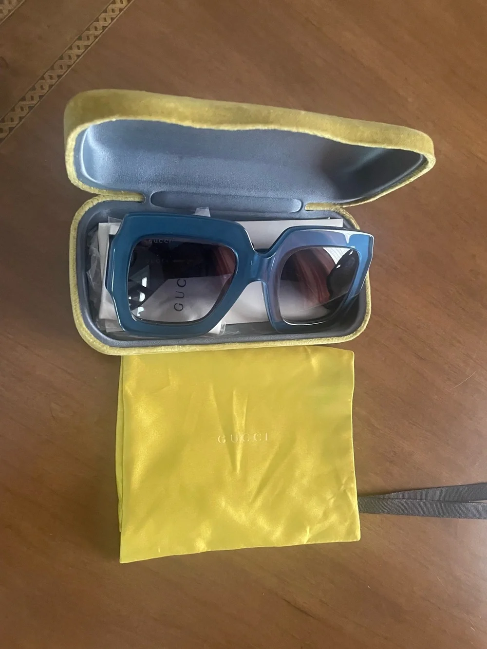 Gucci Blue Rectangular Logo Sunglasses with Gold Accents